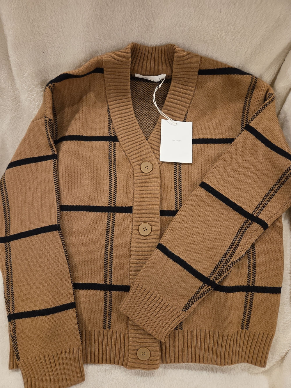 Oak + Fort Windowpane Plaid Oversized Cardigan Sweater NWT XXS Camel Black